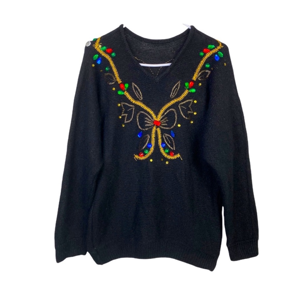 Vintage Angora Wool Blend Sequin Beads VNeck Sweater Rhinestone Black Embroidery